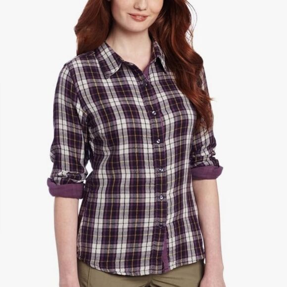 🔹️Prana Purple Plaid Riley Button Long Sleeve Top Large - Picture 1 of 12